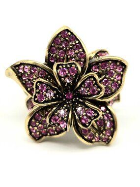 Vintage Heidi Daus Pink Crystal Flower Ring Size 7 | Swarovski Floral Statement